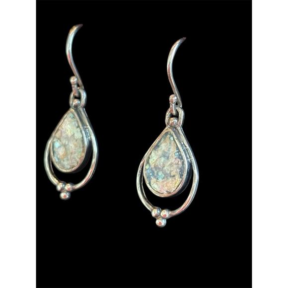 Sterling Silver Roman Glas Pear Shaped Dangle Earrings 925 - Picture 2 of 4